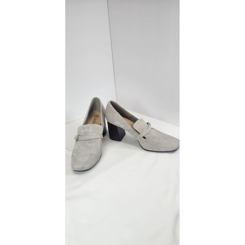 Bella Vita Ashton Gray Stone Suede Block Heel Pumps Square Toe Buckle 8W Comfort